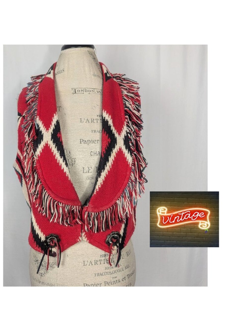 Vintage 70s E Clair Knit Southwest Aztec Vest Small Red Fringe